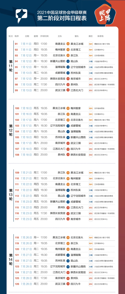 2021年中甲第二阶段的赛程时间表和对阵情况