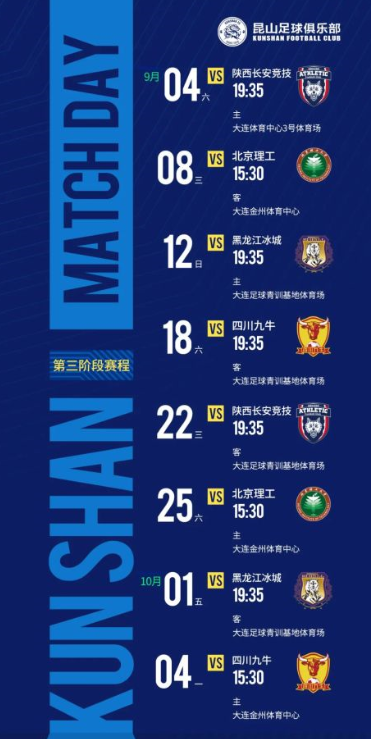 <a href='https://www.junhuilaowu.com/news/tag/1086622/p/1.html' style='color: blue;'>2021赛季中甲联</a>赛昆山队第三阶段赛程