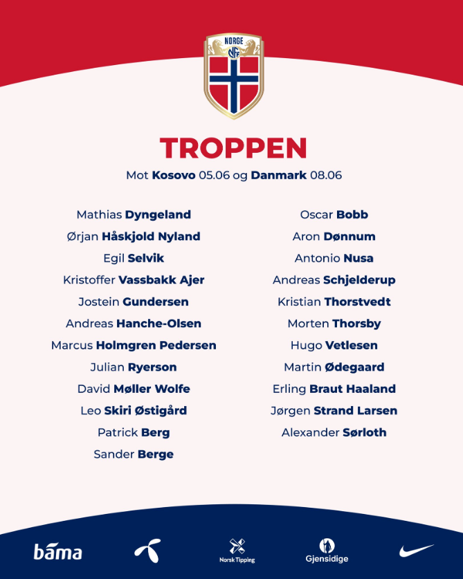 挪威友谊赛大名单