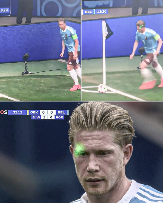 比利时德布劳内被乌克兰球迷用激光照射，导致比赛暂停