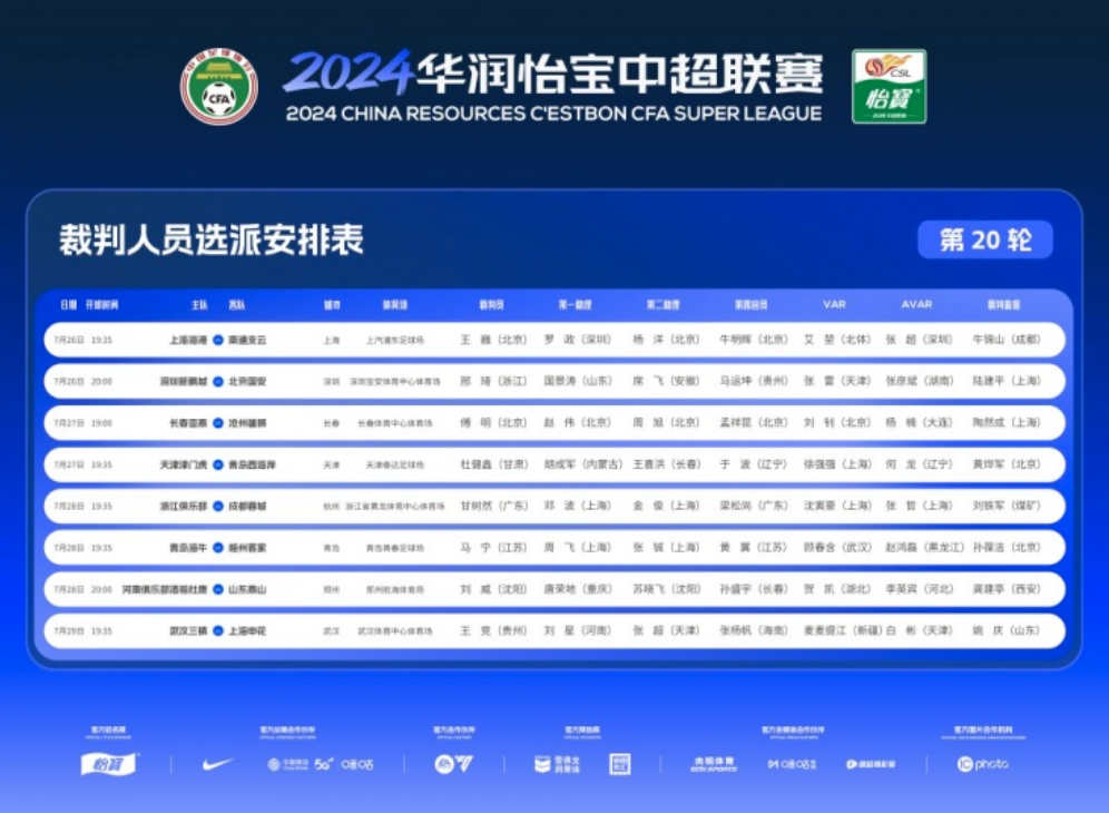 中超第20轮裁判：马宁执法海牛vs梅州，刘威执法河南vs泰山