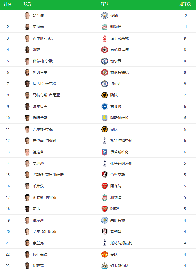 2024赛季英超射手榜最新排名，哈兰德12粒进球领跑